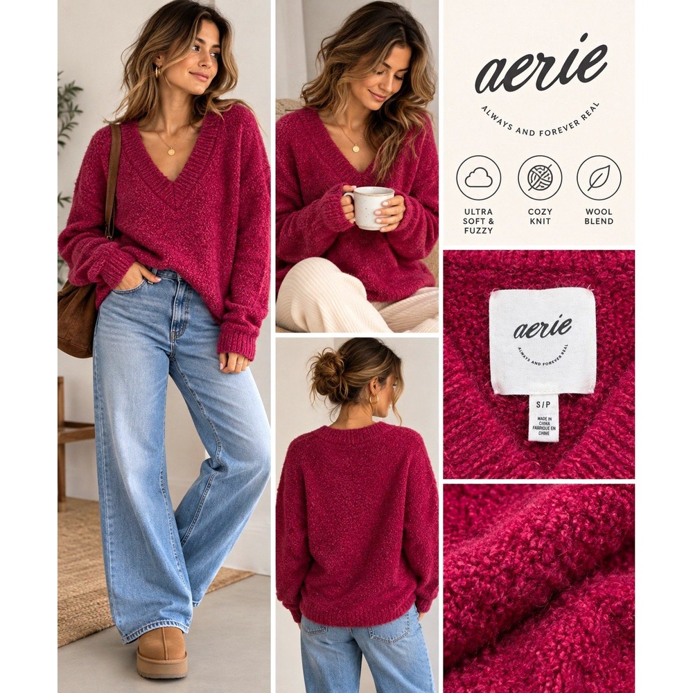 Aerie Fuzzy V Neck Sweater Women S Burgundy Berry Cozy Oversized Wool Blend Knit